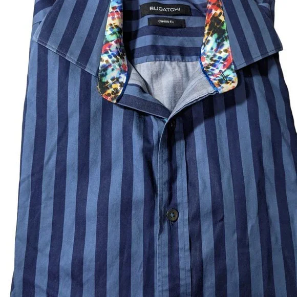 Bugatchi Button Up Shirt Mens Large‎ Colorful Rainbow Navy Stripe Flip Cuff - Picture 2 of 3